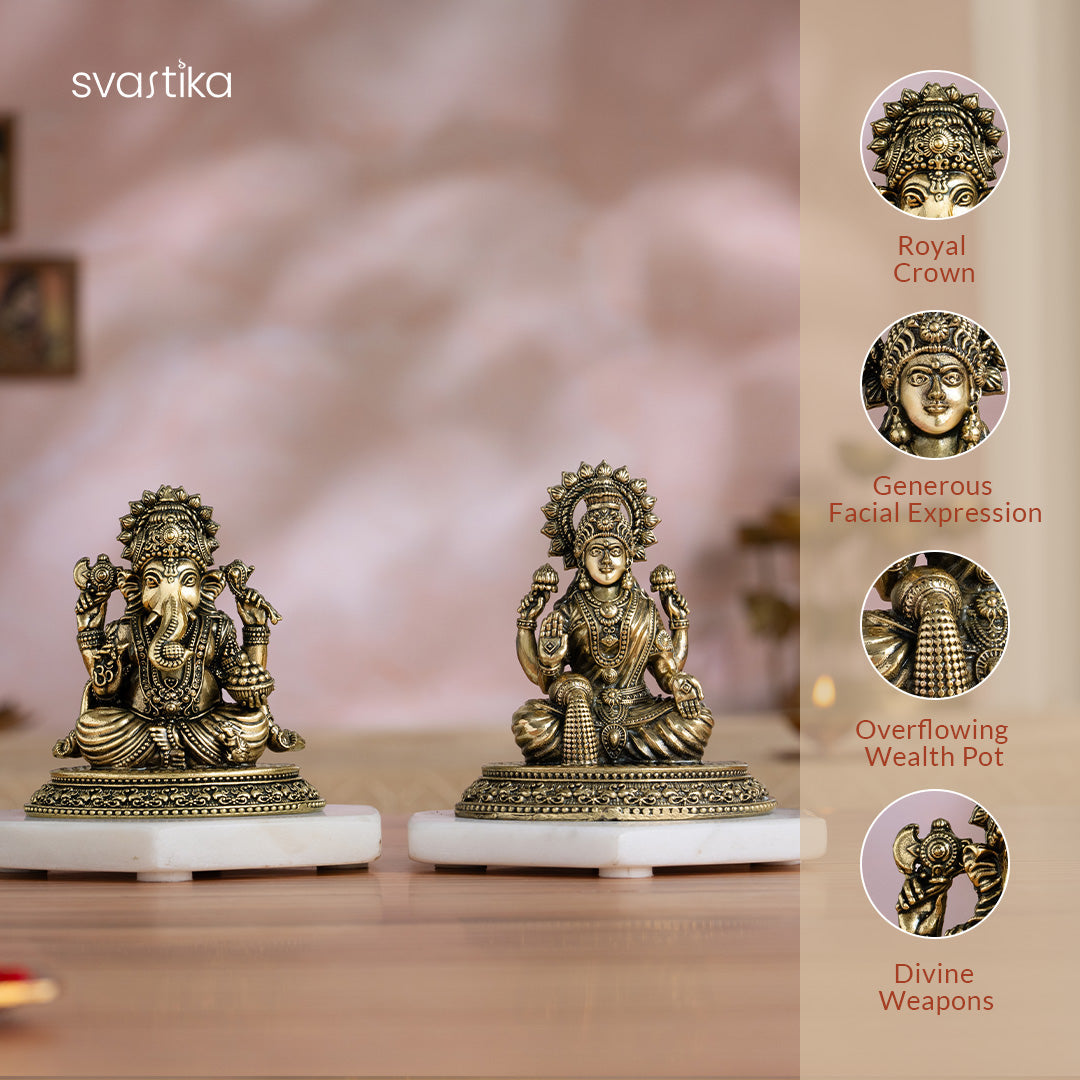 Brass Four-Armed Lakshmi Ganesh Murti Pair (4 Inch)