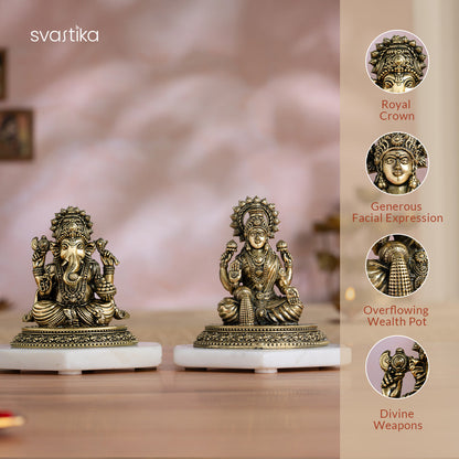 Brass Four-Armed Lakshmi Ganesh Murti Pair (4 Inch)