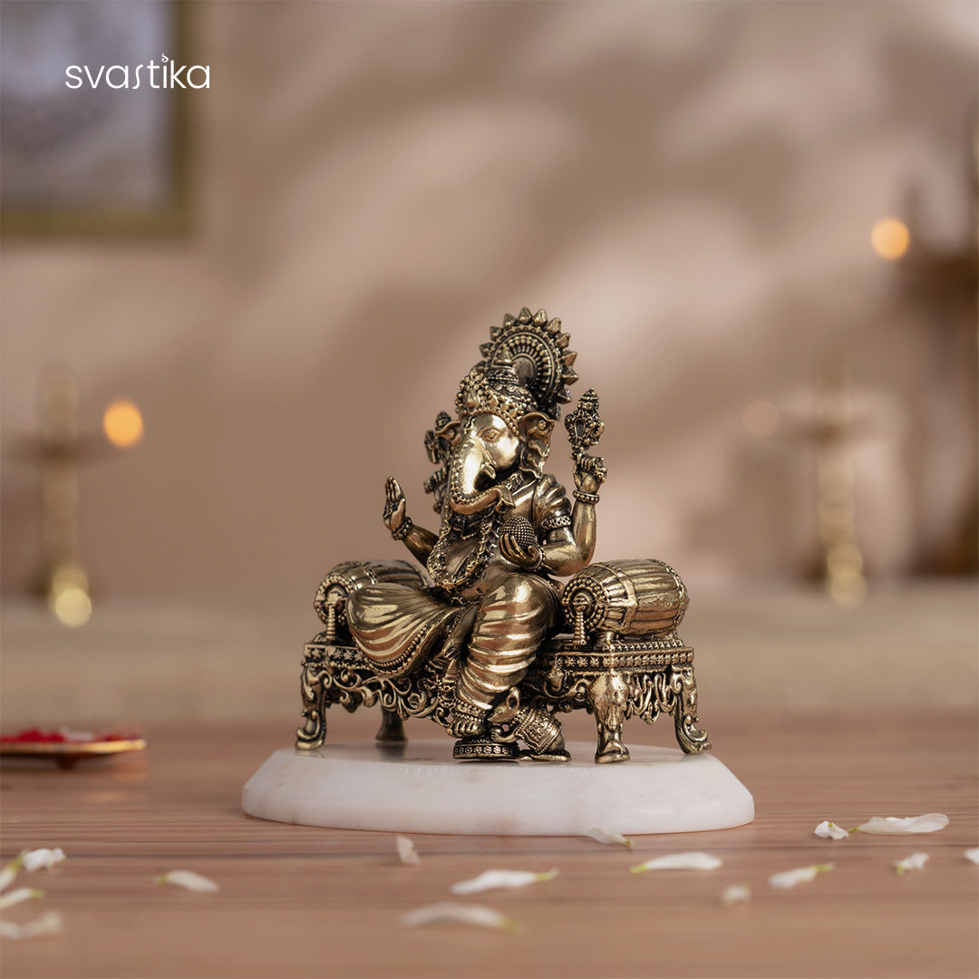 Brass Ganesh Idol Virajman On Sinhasan (4 Inch)