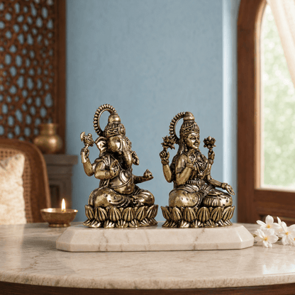 Brass Lakshmi Ganesh Murti On Lotus (3 Inch)