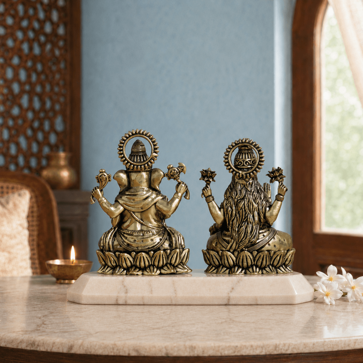 Brass Lakshmi Ganesh Murti On Lotus (3 Inch)