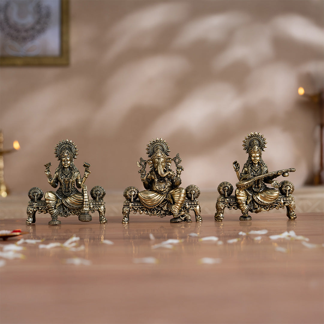 Brass Laxmi Ganesh Saraswati Murti Set (4 Inch)