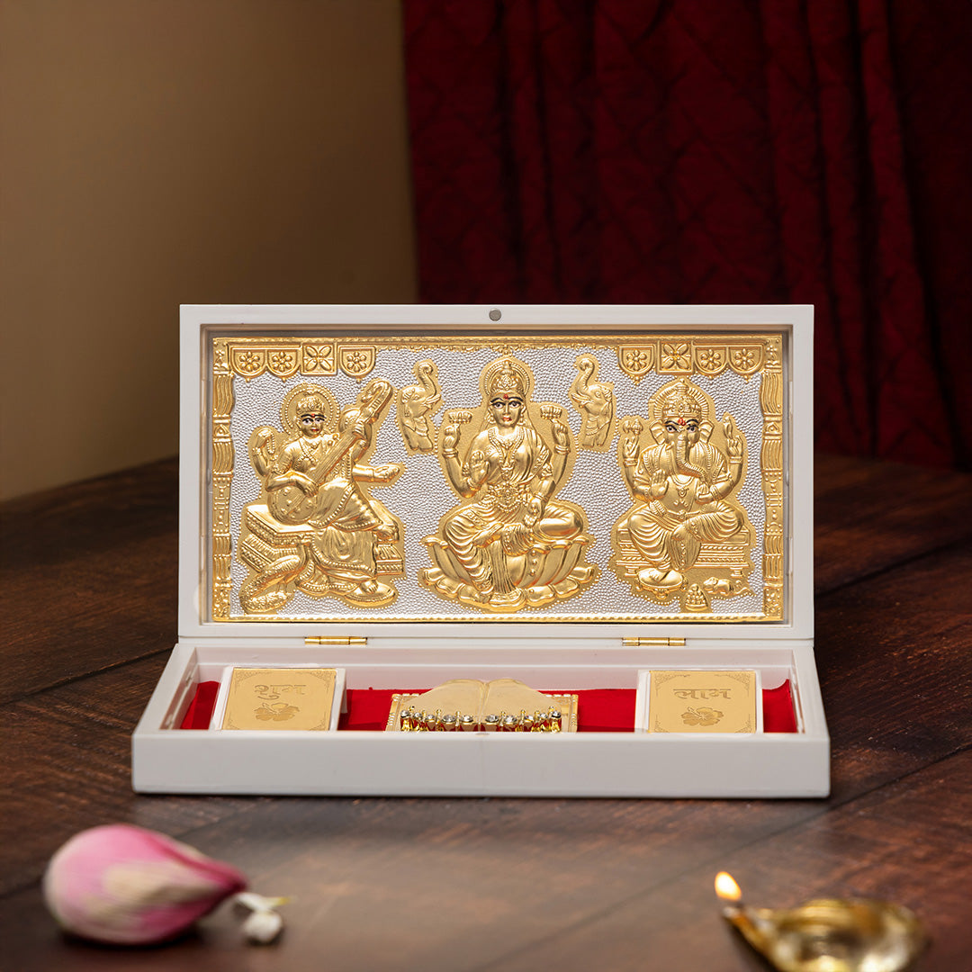 Svastika Ganesh Lakshmi Saraswati Pocket Temple - Gold Coated