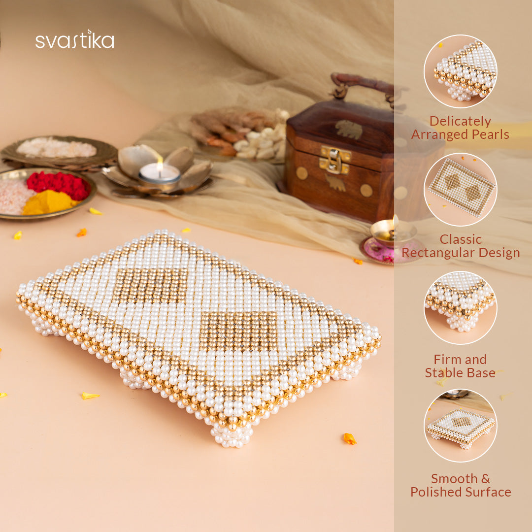 Ganesh Lakshmi Saraswati Pocket Temple - Gold Coated (Small) with White & Gold Pearl Pooja Chowki (9 Inch) - Combo