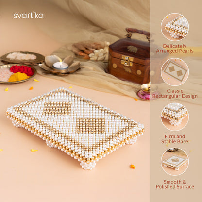 Ganesh Lakshmi Saraswati Pocket Temple - Gold Coated (Small) with White & Gold Pearl Pooja Chowki (9 Inch) - Combo