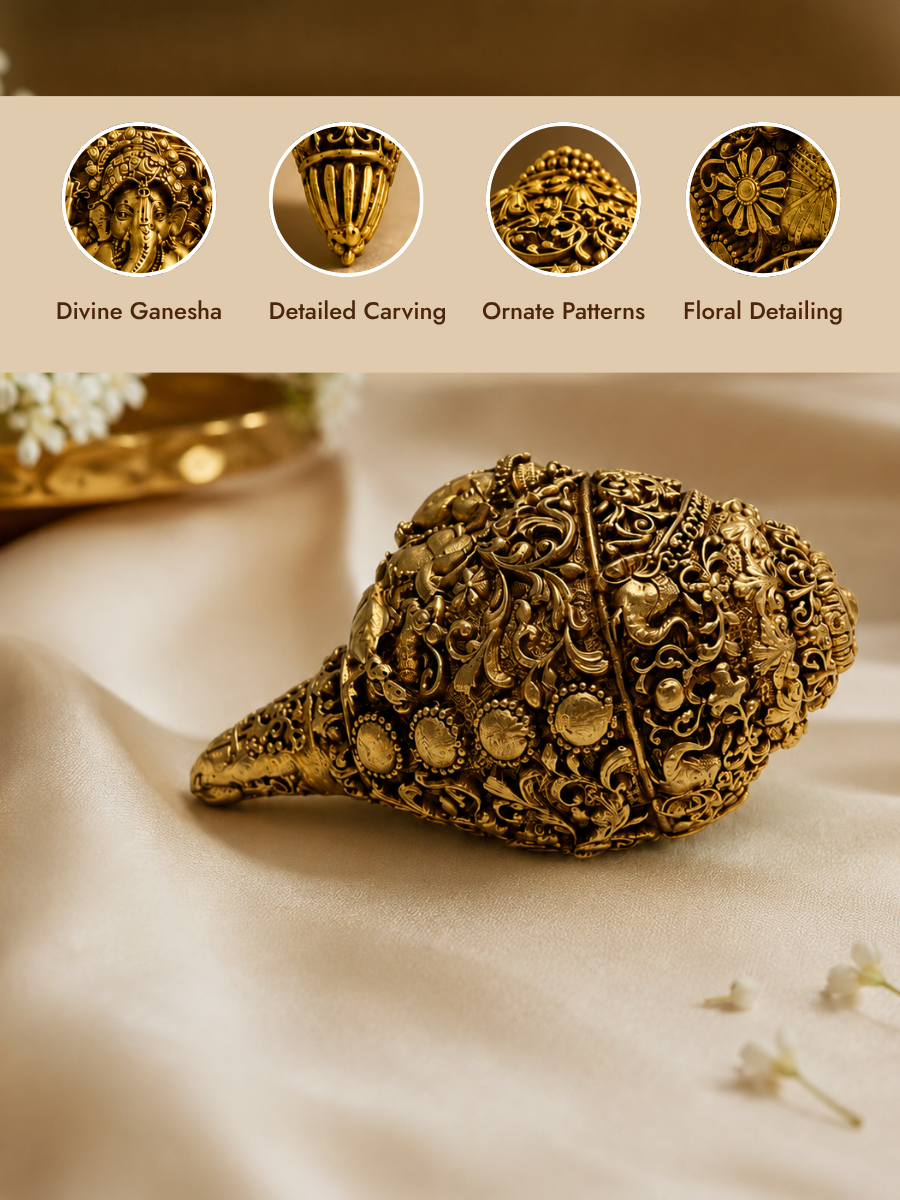 Ganesha Decorative Shankh Antique Gold Finish for Pooja and Gifting