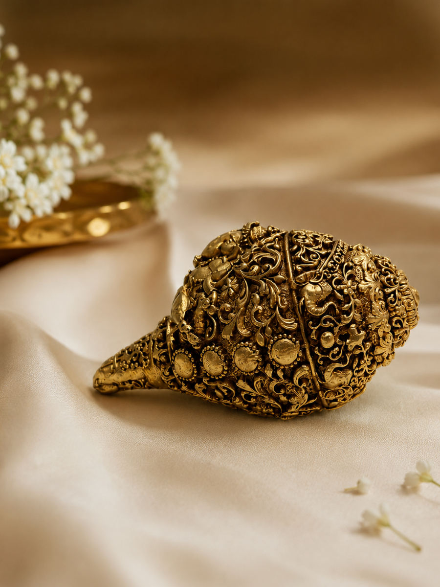 Ganesha Decorative Shankh Antique Gold Finish for Pooja and Gifting