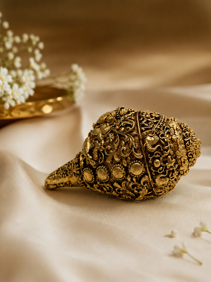 Ganesha Decorative Shankh Antique Gold Finish for Pooja and Gifting