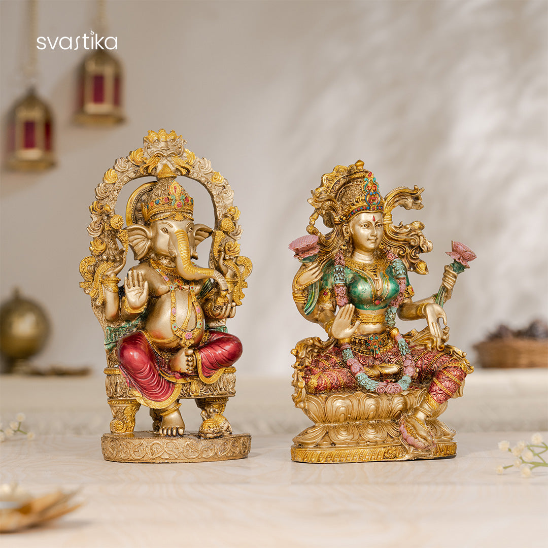 Ganesh Lakshmi Murti Pair – Antique Finish, 10 Inch