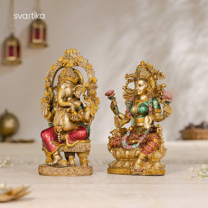 Ganesh Lakshmi Murti Pair – Antique Finish, 10 Inch