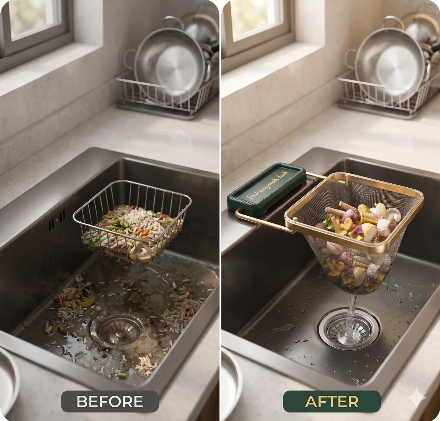 SinkStrainer™– Invisible Strainer Liners | Anti-Bacterial Rack | Elegant for Premium Sinks.