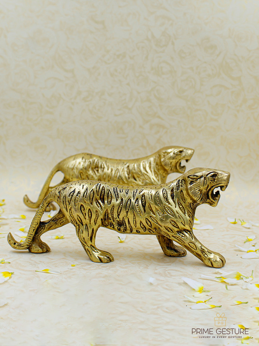 Antique Golden Metal Tiger Statue (Set of 2)