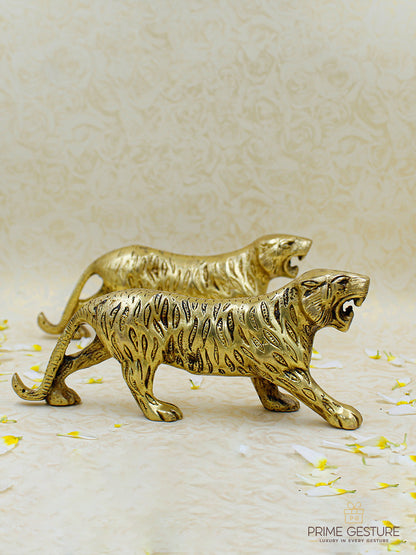 Antique Golden Metal Tiger Statue (Set of 2)