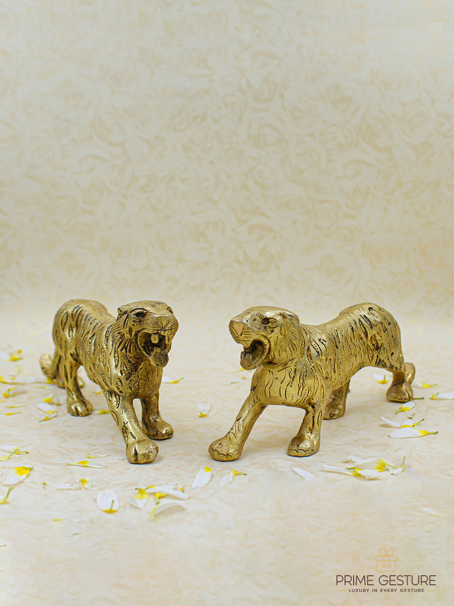 Antique Golden Metal Tiger Statue (Set of 2)