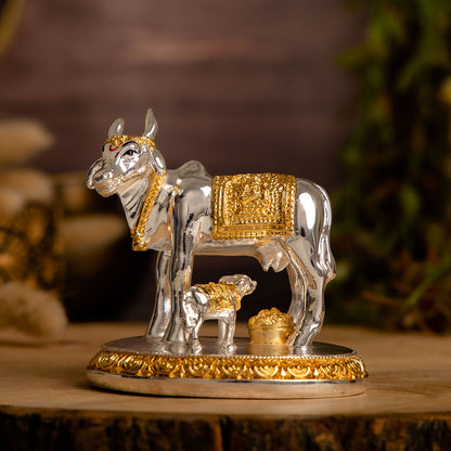 Auspicious Kamdhenu Cow with Calf Idol | Gold and Silver Plated