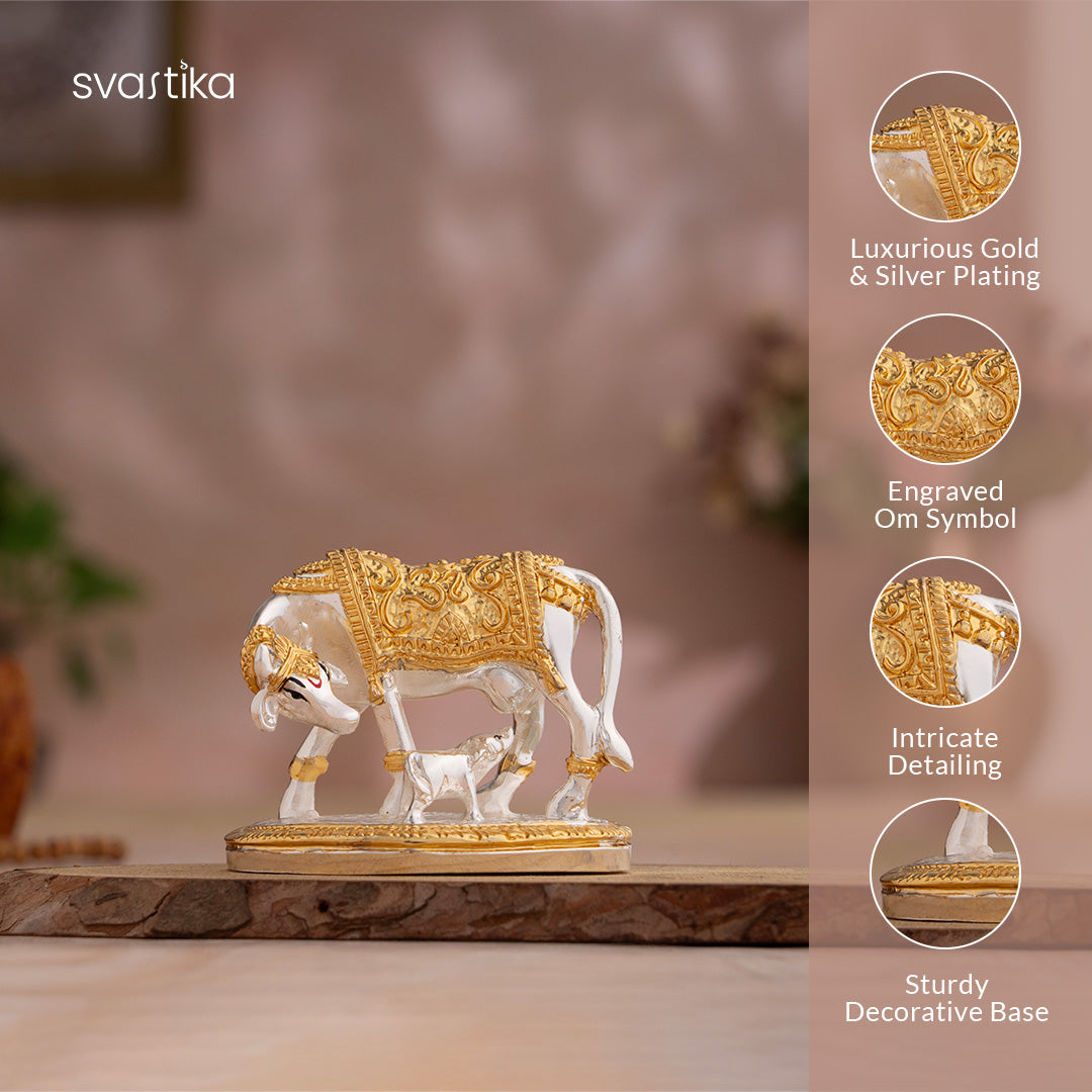 Kamdhenu Cow with Calf Idol - Gold & Silver Plated (2.5 inch) with Maa Lakshmi's Charan Paduka - Gold & Silver Plated (3 Inch) - Combo
