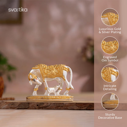 Kamdhenu Cow with Calf Idol - Gold & Silver Plated (2.5 inch) with Maa Lakshmi's Charan Paduka - Gold & Silver Plated (3 Inch) - Combo