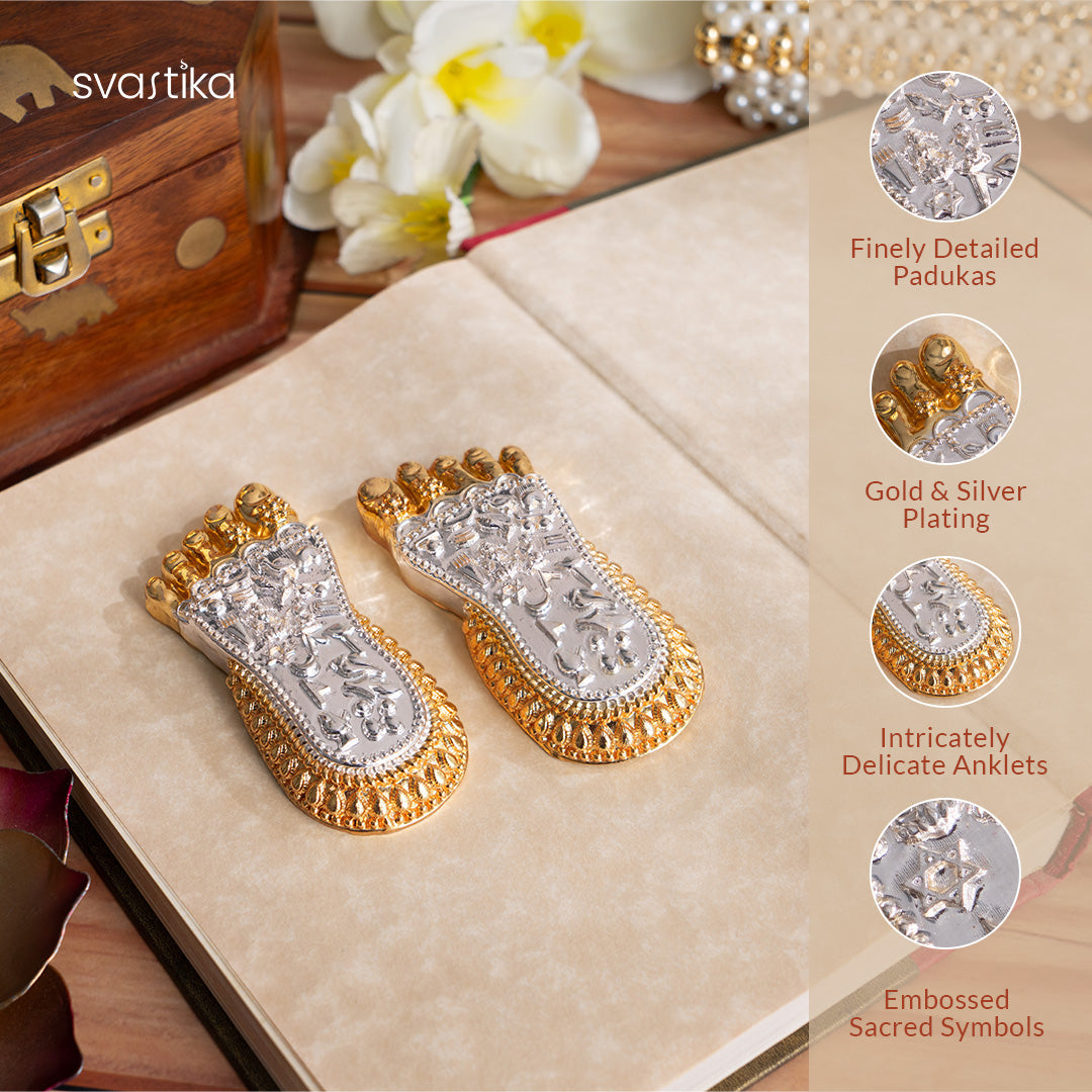 Kamdhenu Cow with Calf Idol - Gold & Silver Plated (2.5 inch) with Maa Lakshmi's Charan Paduka - Gold & Silver Plated (3 Inch) - Combo