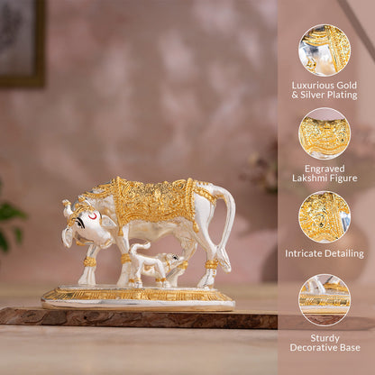 Kamdhenu Cow with Calf Idol - Gold & Silver Plated (3.5 Inch) with White & Gold Pearl Pooja Chowki (7 Inch) - Combo