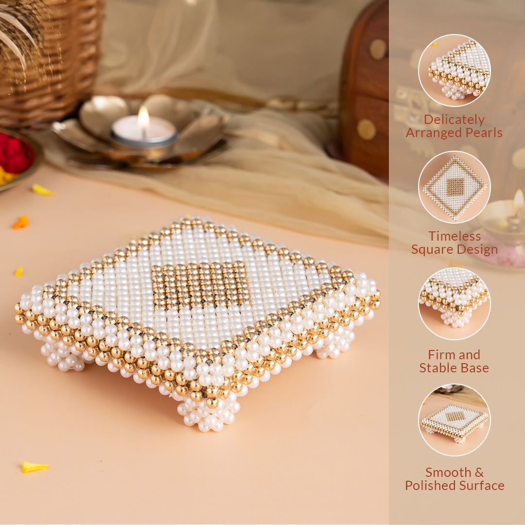 Kamdhenu Cow with Calf Idol - Gold & Silver Plated (3.5 Inch) with White & Gold Pearl Pooja Chowki (7 Inch) - Combo