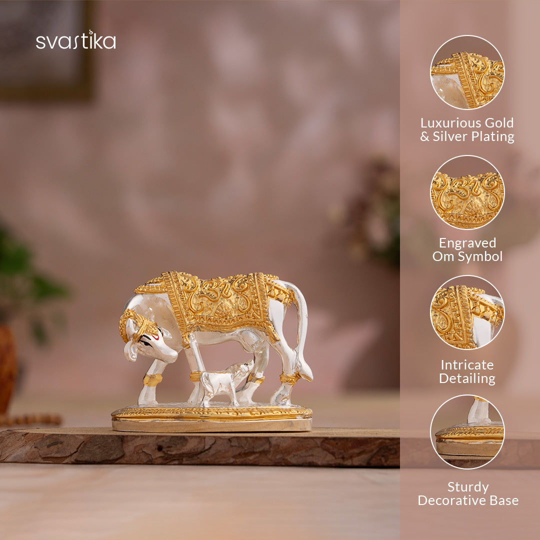 Kamdhenu Cow with Calf Idol - Gold & Silver Plated (2.5 Inch) & Dagdusheth Halwai Ganpati Murti - Gold Plated (10 Inch) – Combo