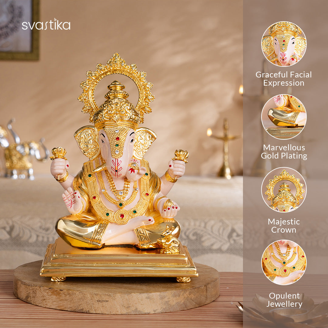 Kamdhenu Cow with Calf Idol - Gold & Silver Plated (2.5 Inch) & Dagdusheth Halwai Ganpati Murti - Gold Plated (10 Inch) – Combo
