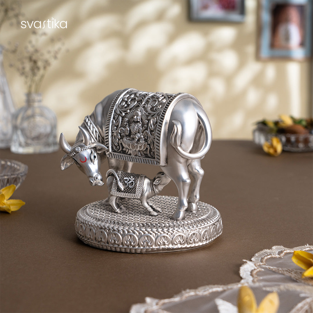 Silver plated  Kamdhenu Cow with Calf Idol