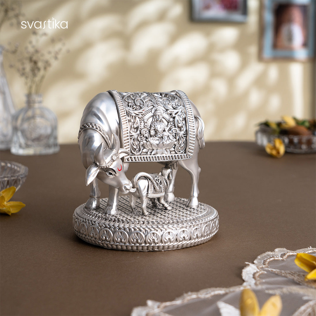 Silver plated  Kamdhenu Cow with Calf Idol