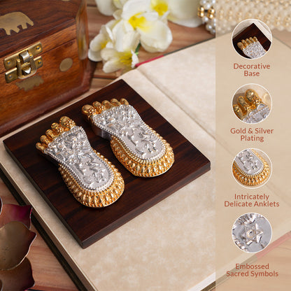 Kamdhenu Cow with Calf Idol - Gold & Silver Plated (5 Inch) with Maa Lakshmi's Charan Paduka on Elegant Base - Gold & Silver Plated - Combo