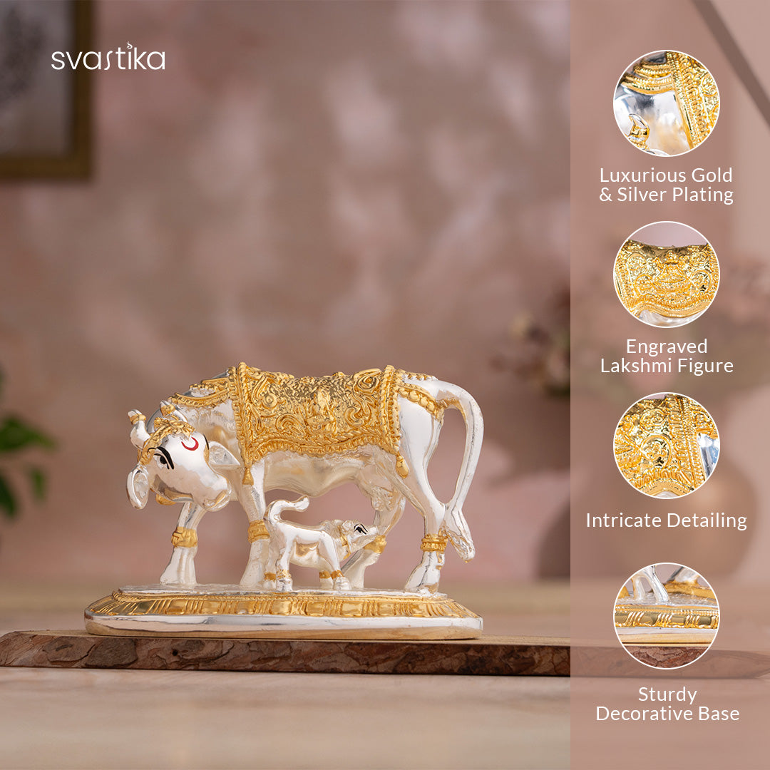 Kamdhenu Cow with Calf Idol - Gold & Silver Plated (3.5 Inch) with Lord Krishna's Divine Hands Idol For Car Dashboard - Gold Plated (3.5 Inch) - Combo