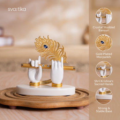 Kamdhenu Cow with Calf Idol - Gold & Silver Plated (3.5 Inch) with Lord Krishna's Divine Hands Idol For Car Dashboard - Gold Plated (3.5 Inch) - Combo