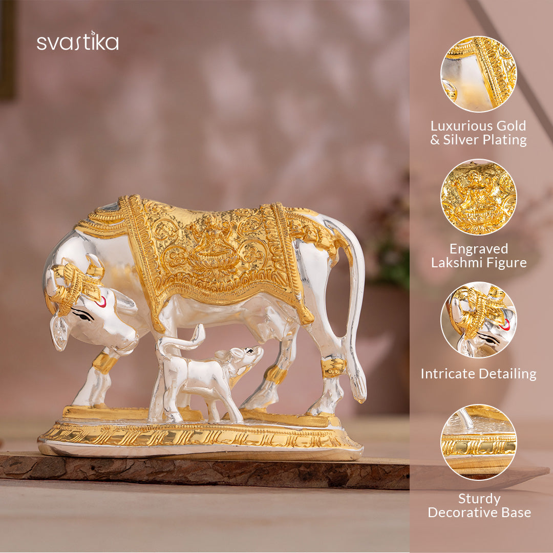 Kamdhenu Cow with Calf Idol - Gold & Silver Plated (5 Inch) with White & Gold Pearl Pooja Chowki (9 inch) - Combo