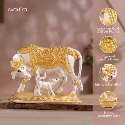 Kamdhenu Cow with Calf Idol - Gold & Silver Plated (5 Inch) with White & Gold Pearl Pooja Chowki (9 inch) - Combo