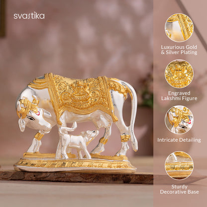 Kamdhenu Cow with Calf Idol - Gold & Silver Plated (5 Inch) with TrunkUp Elephant Pair - Gold & Silver Plated (6 Inch) - Combo