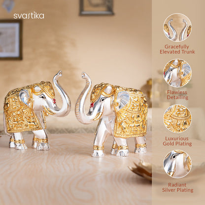 Kamdhenu Cow with Calf Idol - Gold & Silver Plated (5 Inch) with TrunkUp Elephant Pair - Gold & Silver Plated (6 Inch) - Combo
