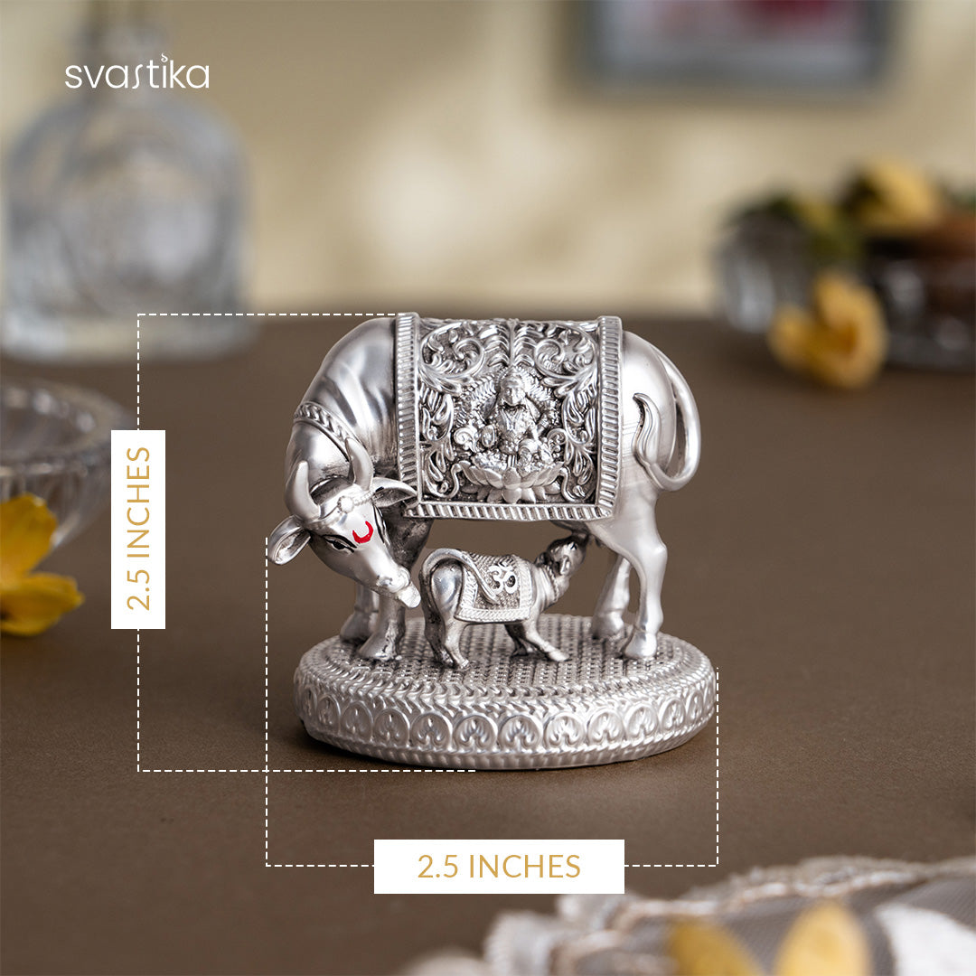 Silver plated  Kamdhenu Cow with Calf Idol