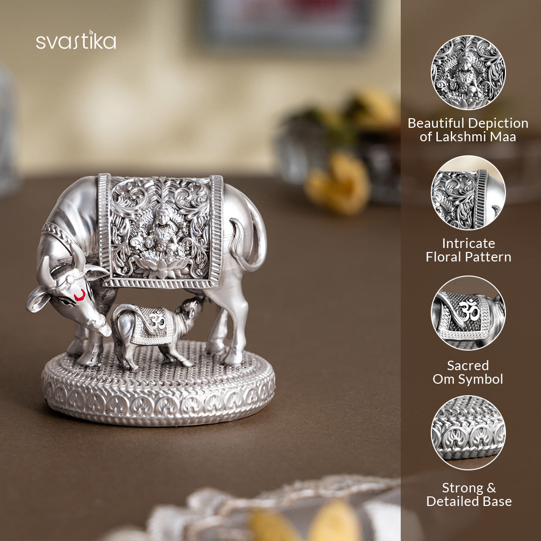 Silver plated  Kamdhenu Cow with Calf Idol