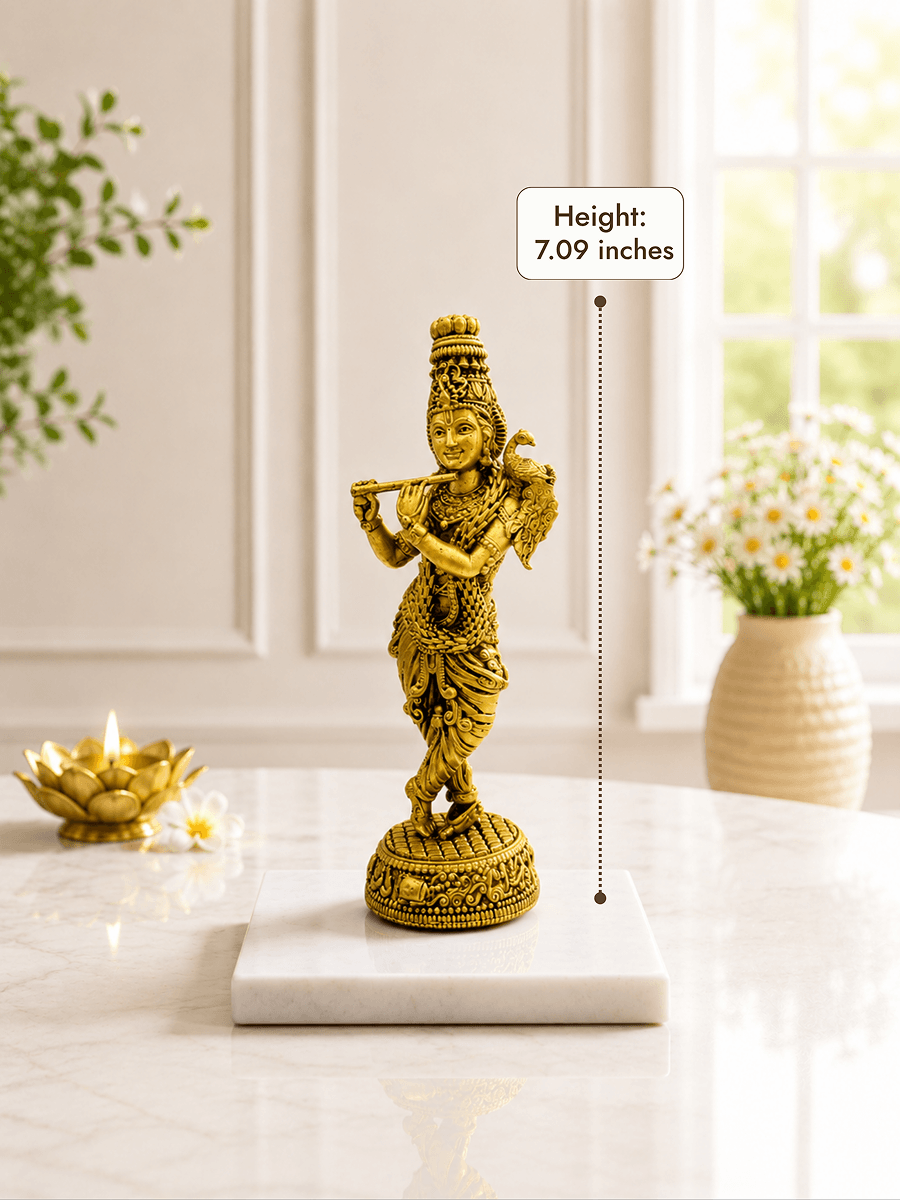 Krishna Flute Antique Gold Finish Idol with Peacock for Home Decor