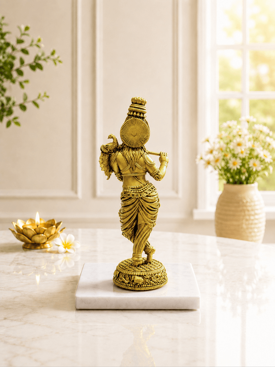 Krishna Flute Antique Gold Finish Idol with Peacock for Home Decor