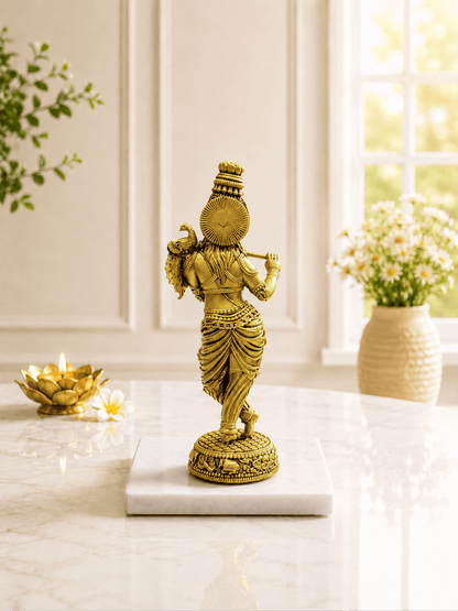 Krishna Flute Antique Gold Finish Idol with Peacock for Home Decor