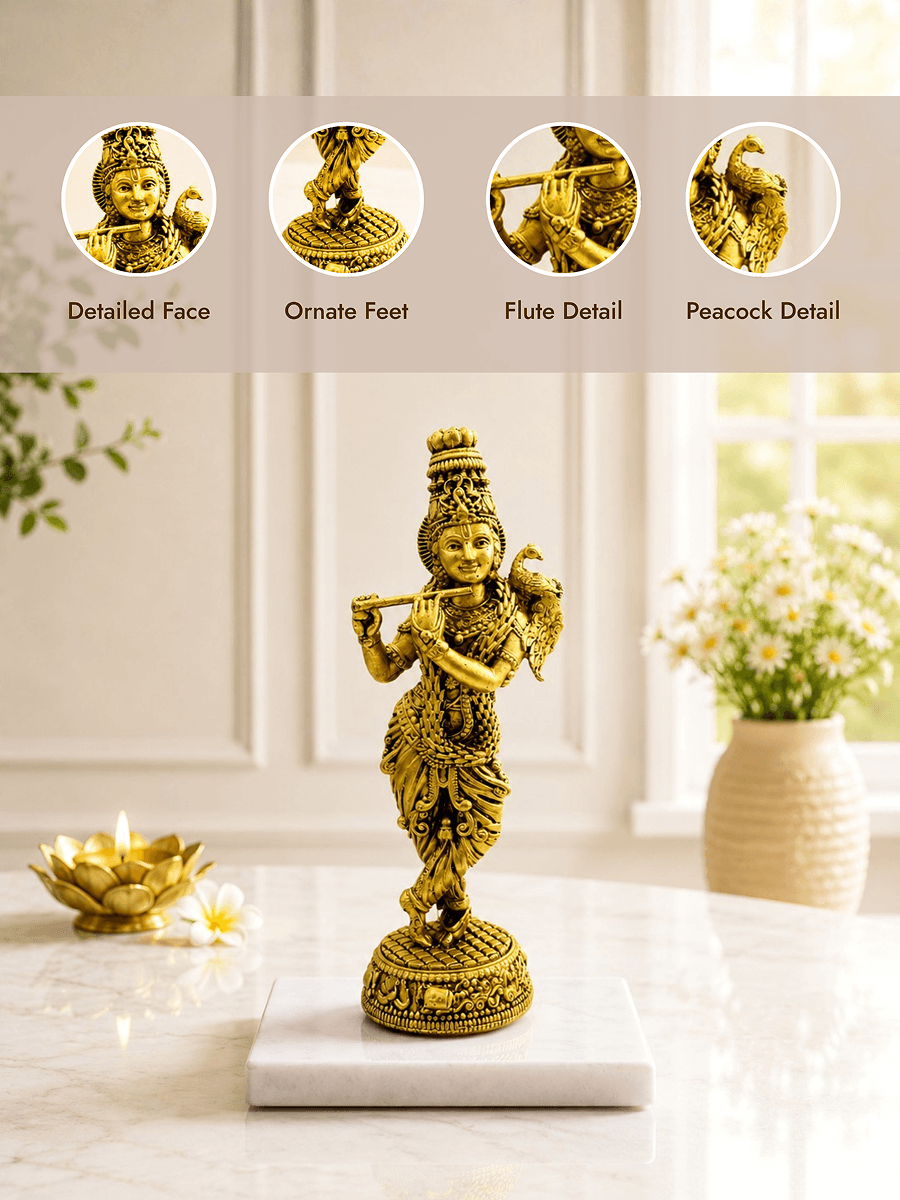 Krishna Flute Antique Gold Finish Idol with Peacock for Home Decor