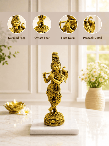 Krishna Flute Antique Gold Finish Idol with Peacock for Home Decor