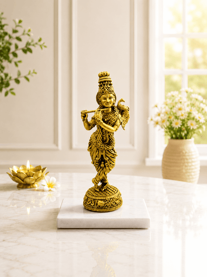 Krishna Flute Antique Gold Finish Idol with Peacock for Home Decor