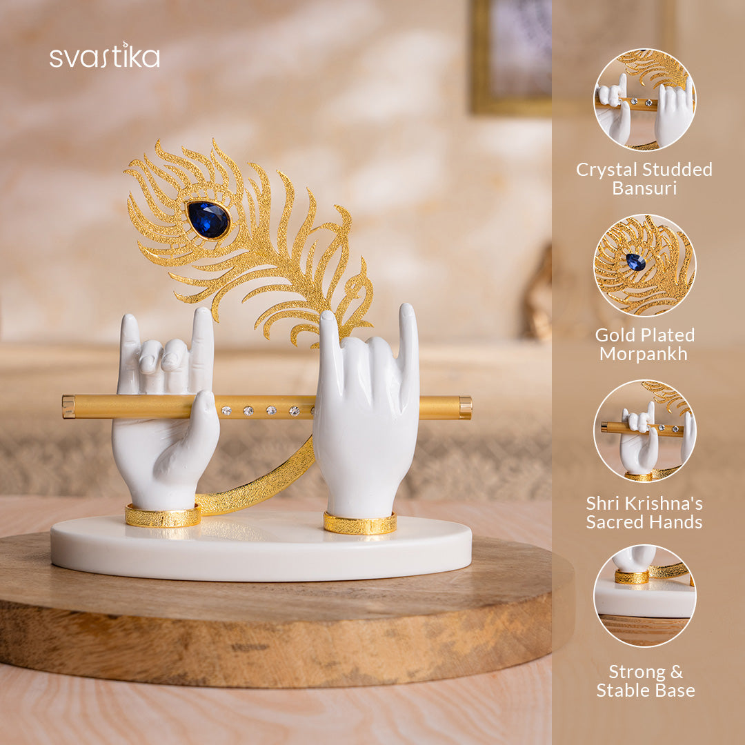 Lord Krishna's Divine Hands Idol - Gold Plated (7 Inch) with Shree Krishna's Charan Paduka (Lotus Feet) - Silver Plated (3 Inch) - Combo