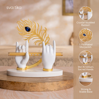 Lord Krishna's Divine Hands Idol - Gold Plated (7 Inch) with Shree Krishna's Charan Paduka (Lotus Feet) - Silver Plated (3 Inch) - Combo