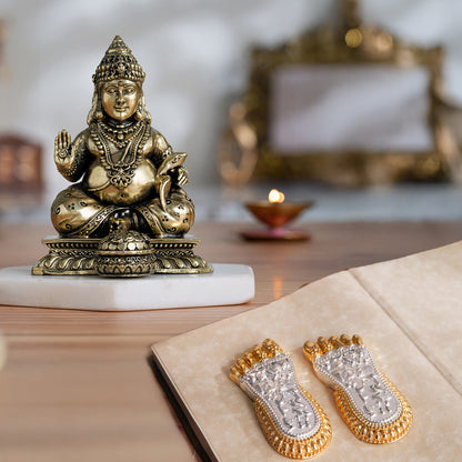 Brass Lord Kubera Statue with Mongoose (4 Inches) & Maa Lakshmi's Charan Paduka - Gold & Silver Plated (3 Inch) – Combo
