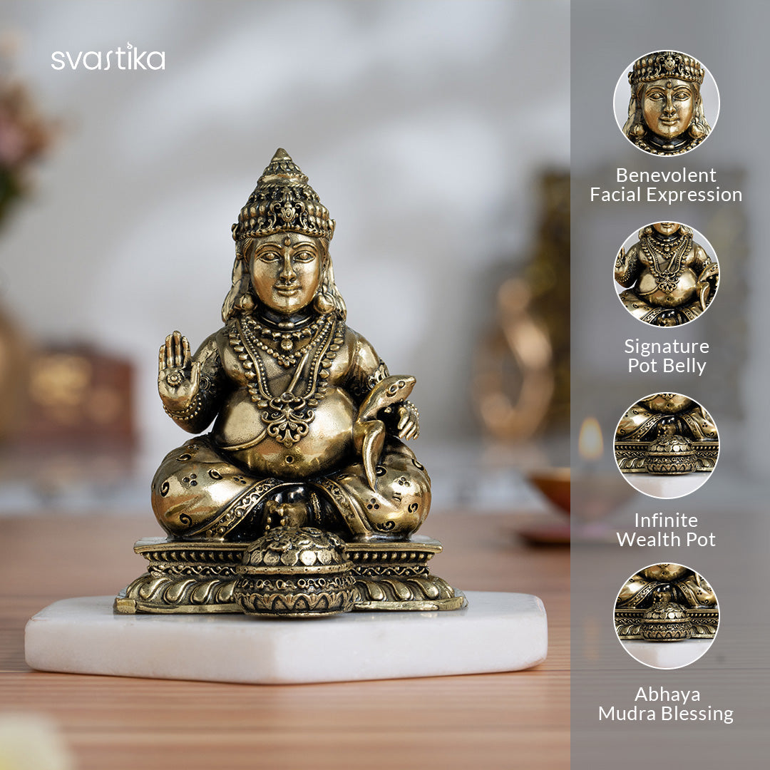 Brass Lord Kubera Statue with Mongoose (4 Inches) & Maa Lakshmi's Charan Paduka - Gold & Silver Plated (3 Inch) – Combo