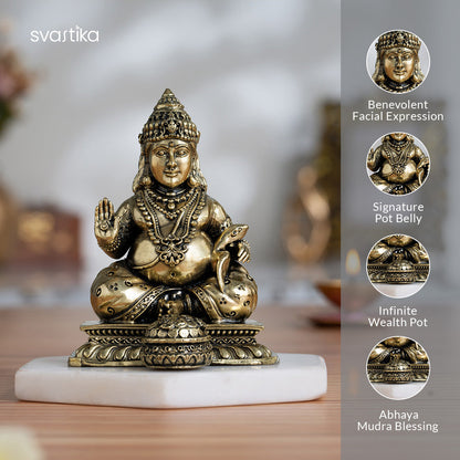 Brass Lord Kubera Statue with Mongoose (4 Inches) & Maa Lakshmi's Charan Paduka - Gold & Silver Plated (3 Inch) – Combo