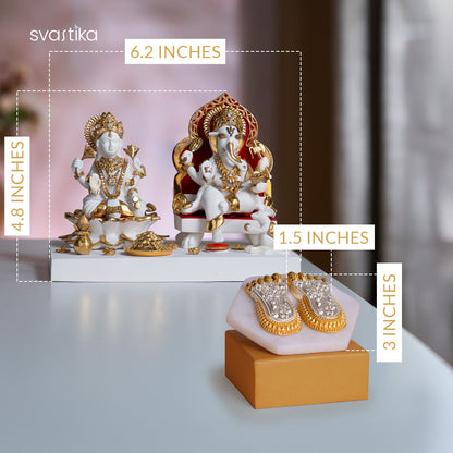 Maa Lakshmi's Charan Paduka - Gold & Silver Plated (3 Inch) with Exquisite White & Gold Lakshmi Ganesh Murti (6 inch) - Combo
