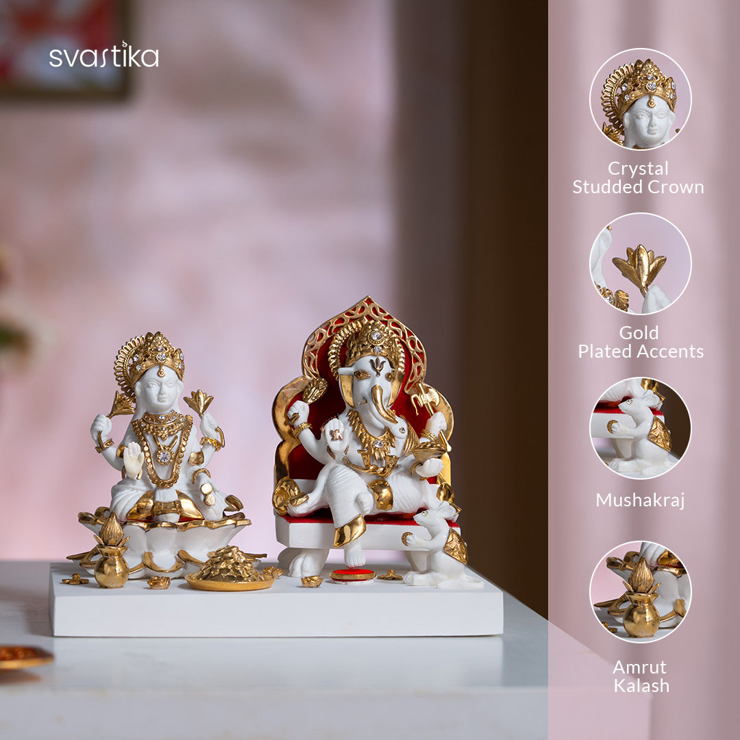 Maa Lakshmi's Charan Paduka - Gold & Silver Plated (3 Inch) with Exquisite White & Gold Lakshmi Ganesh Murti (6 inch) - Combo